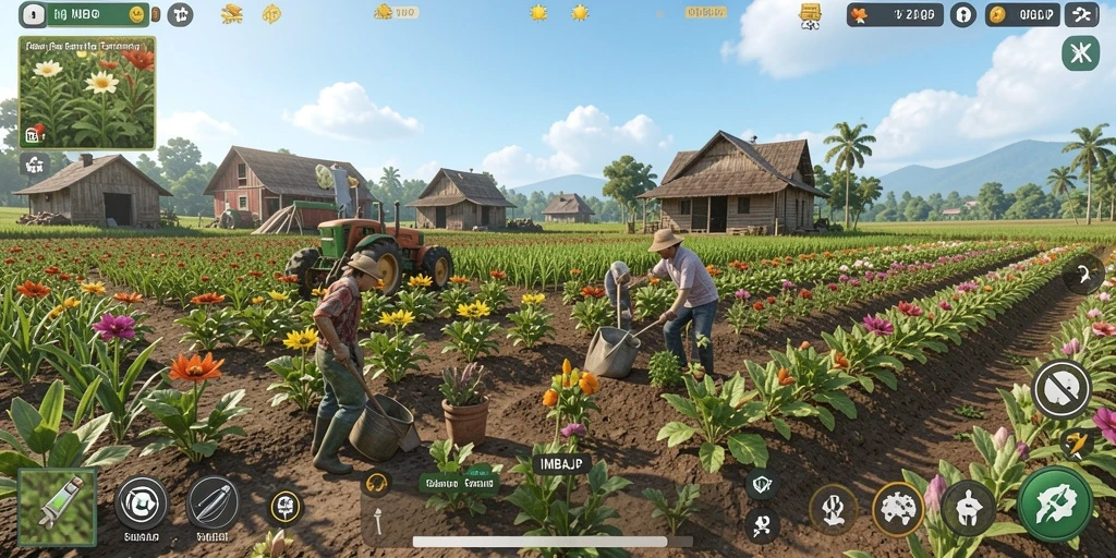Tampilan screenshot utama IMBAJP dengan gameplay pertanian yang menarik.