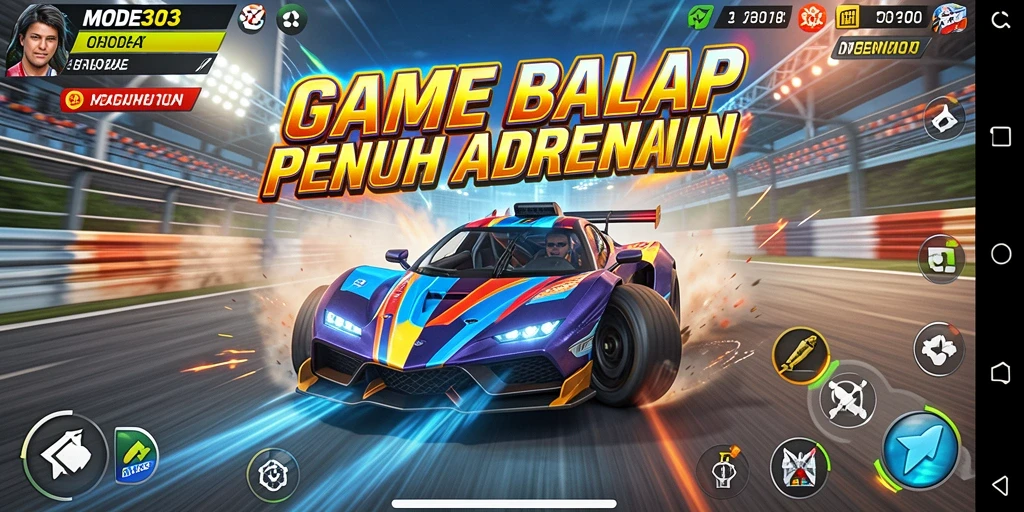 Screenshot gameplay MODE303 menampilkan aksi balap yang intens dan kendaraan berkecepatan tinggi.