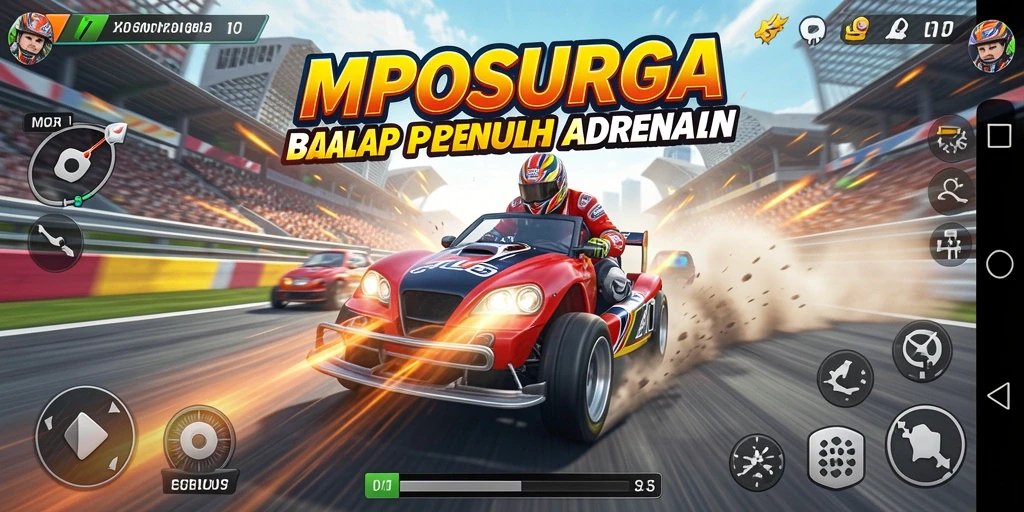 Tampilan gameplay seru dari MPOSURGA dengan mobil balap yang beraksi.