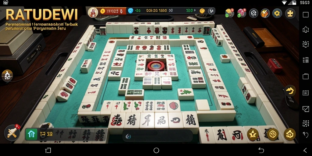 Screenshot gameplay <strong>RATUDEWI</strong> menampilkan ubin Mahjong yang berwarna-warni dan latar belakang yang indah.